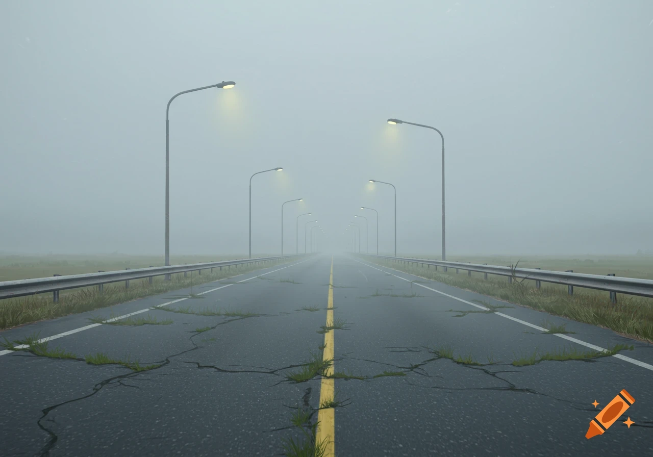 A long, wet road stretches into dense fog, lined with glowing streetlights and guardrails.