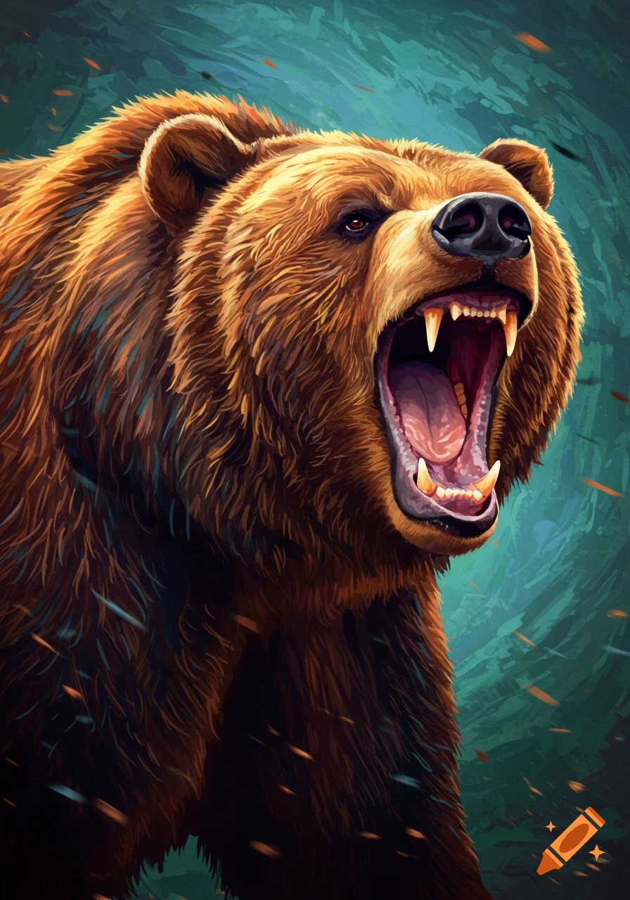 Close-up illustration of a roaring grizzly bear with open mouth and visible teeth against a dark green background.