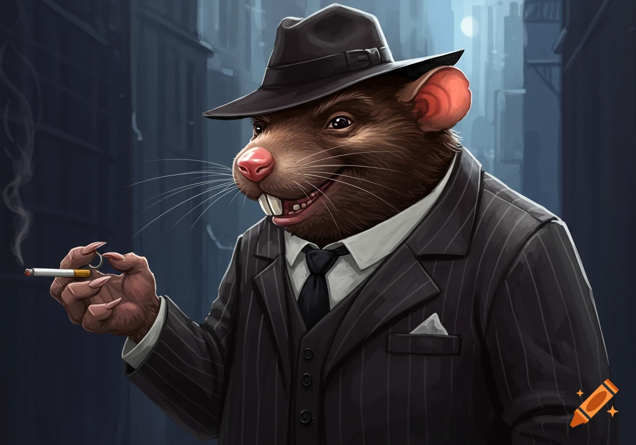 An anthropomorphic rat in a pinstripe suit and fedora holds a cigarette, like a gangster.