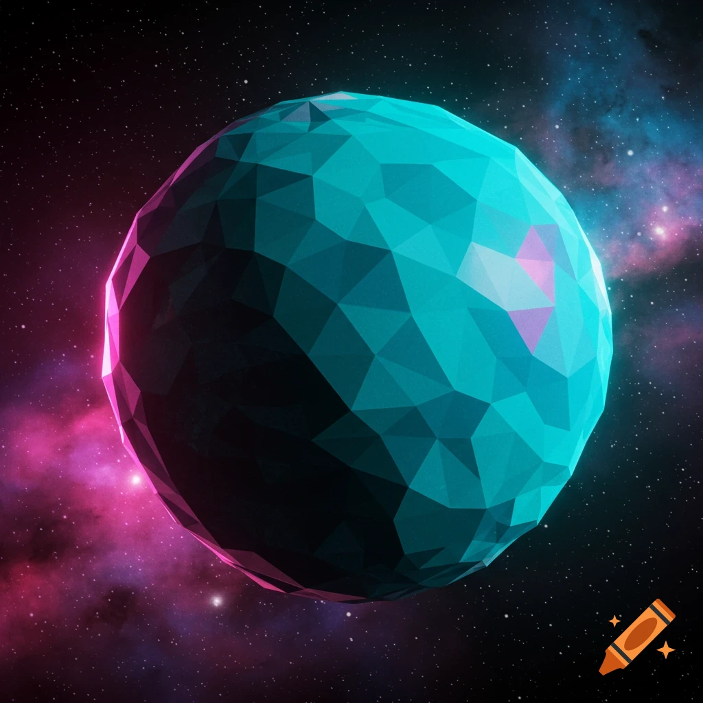 A polygonal teal and purple planet floats in space against a backdrop of stars and nebulas.