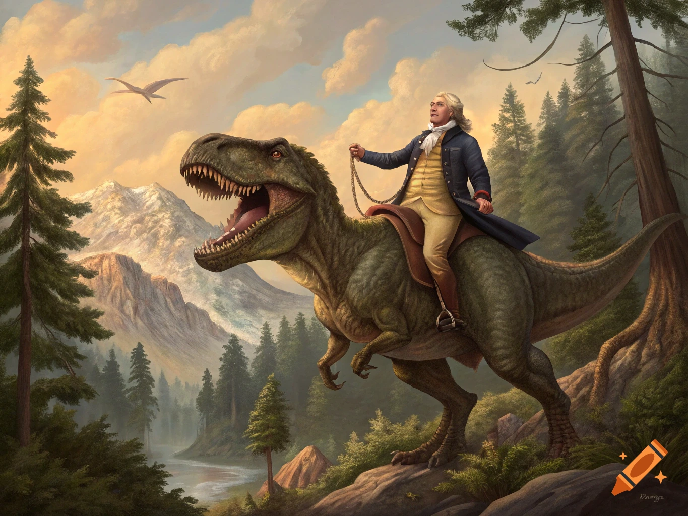 George Washington rides a T-Rex through a forested landscape with mountains and a river.