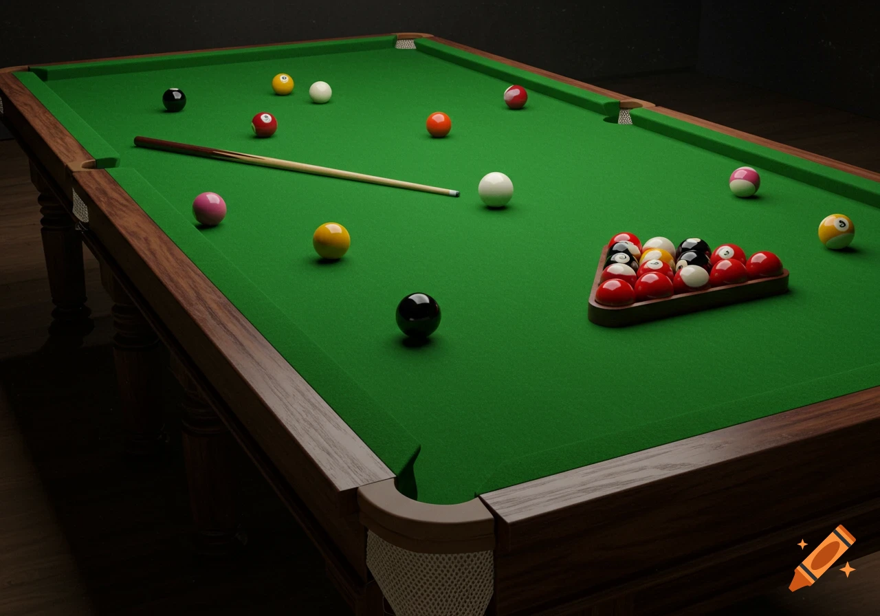 A photorealistic view of a pool table with balls and a cue stick.