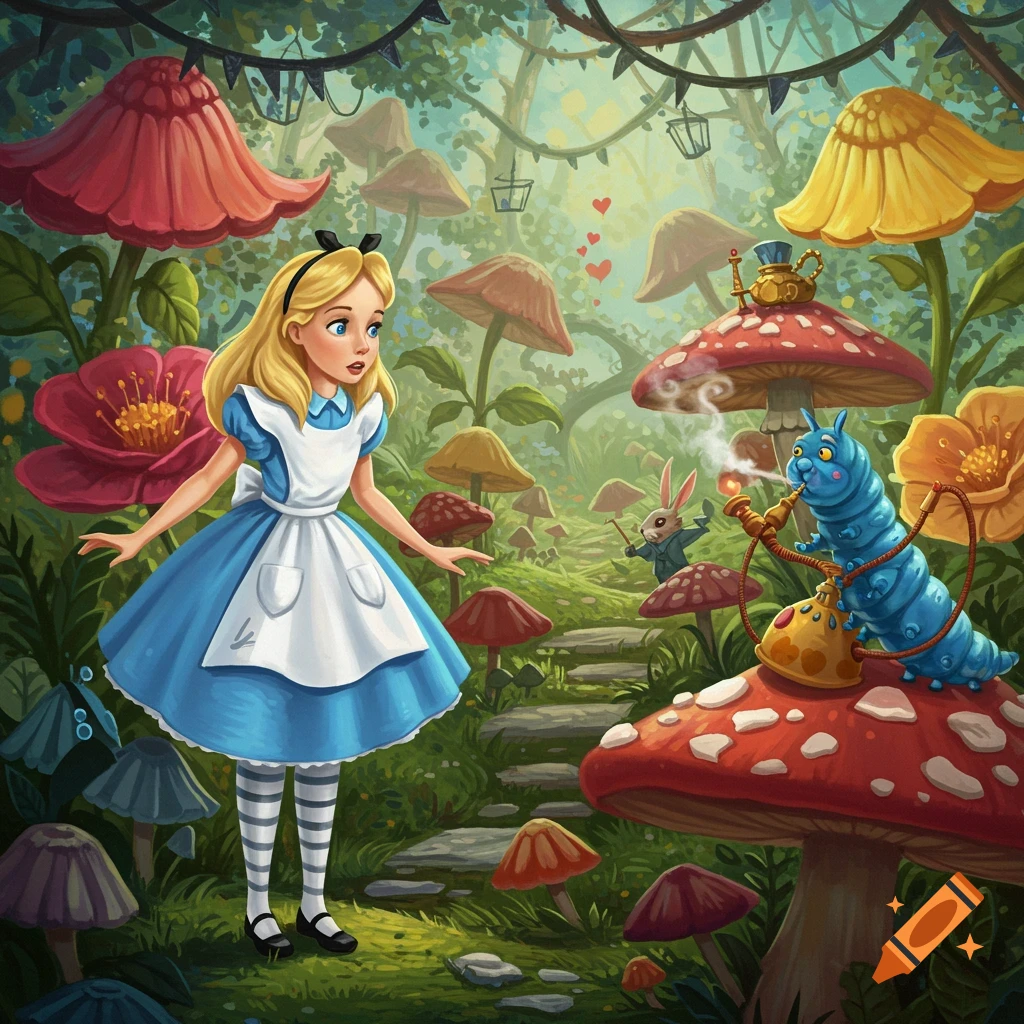 Illustration of Alice, the Caterpillar, and a rabbit in a fantasy forest with giant mushrooms.
