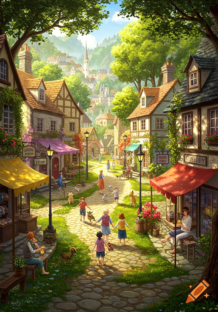A vibrant illustration of a quaint village street with people and dogs walking barefoot.