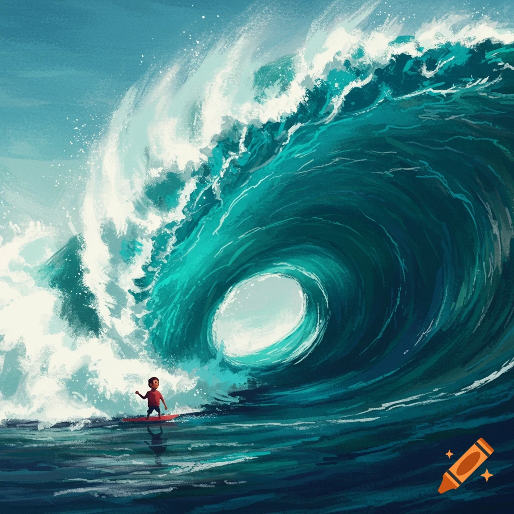 Small person surfing a giant blue wave, illustration