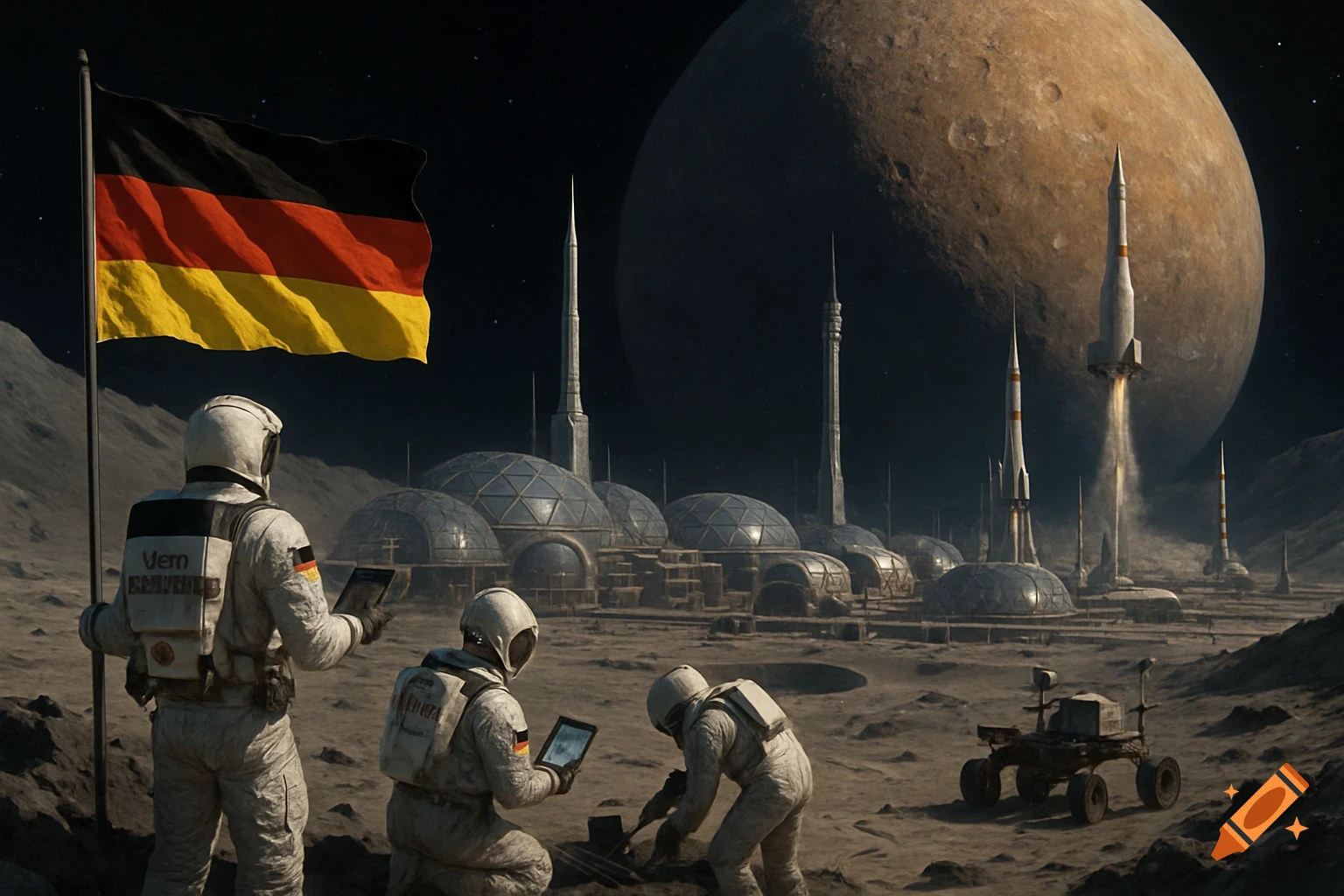 Astronauts plant German flag on a planetary surface with space base, rockets, and rover.