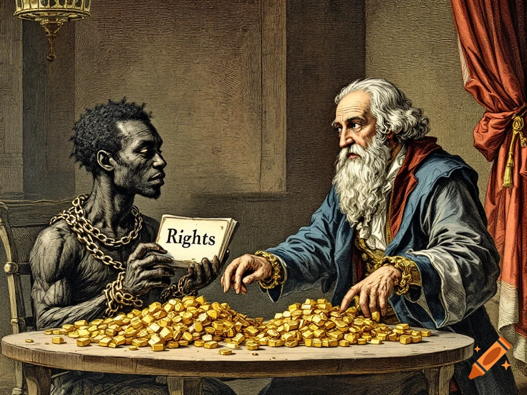 An old engraving of a chained man holding a book labeled 'Rights' across a table from a man counting gold.