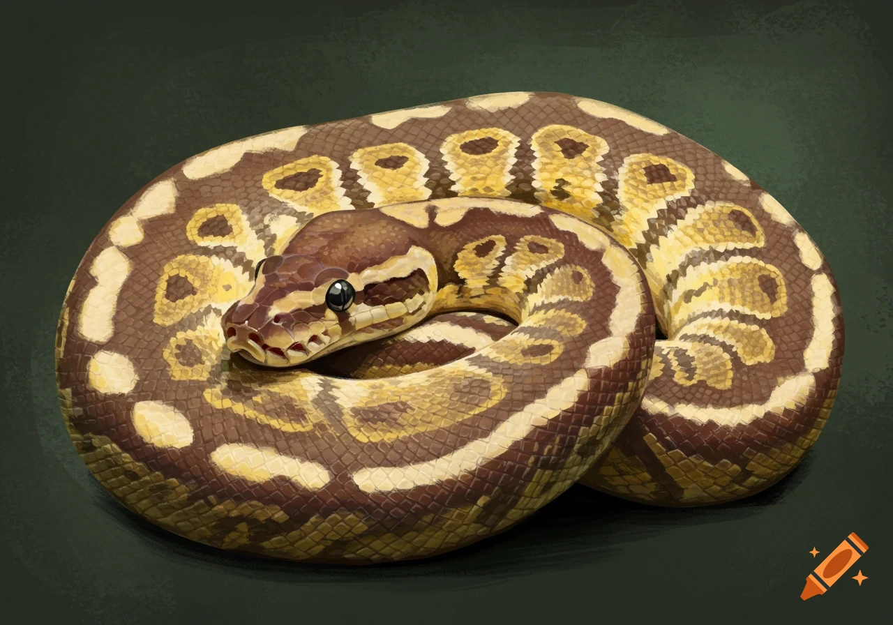 A coiled ball python with brown, tan, and yellow patterns, illustrated on a dark background.