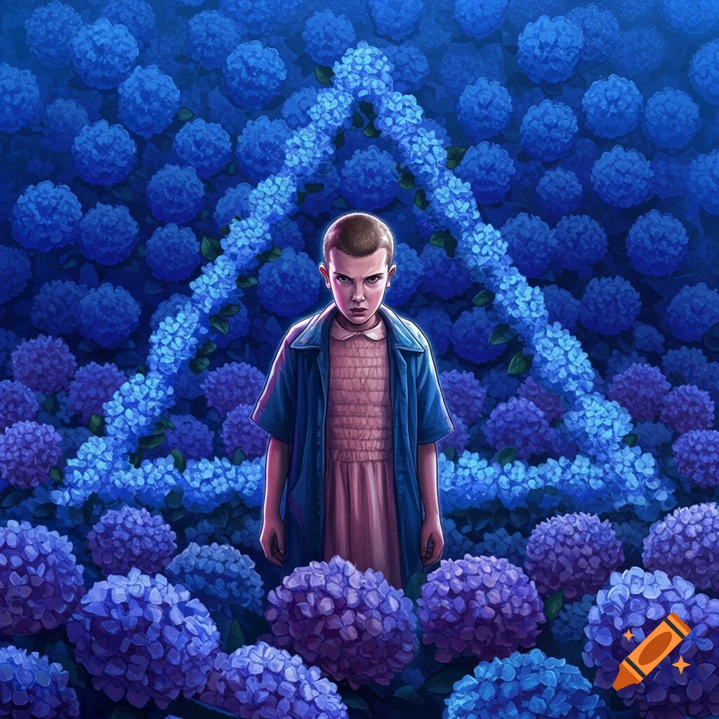 Illustration of Eleven from Stranger Things standing among blue hydrangeas shaped like a triangle.