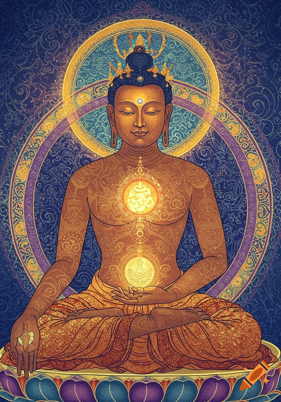 Detailed illustration of meditating Buddha figure with spiritual symbols and intricate patterns.