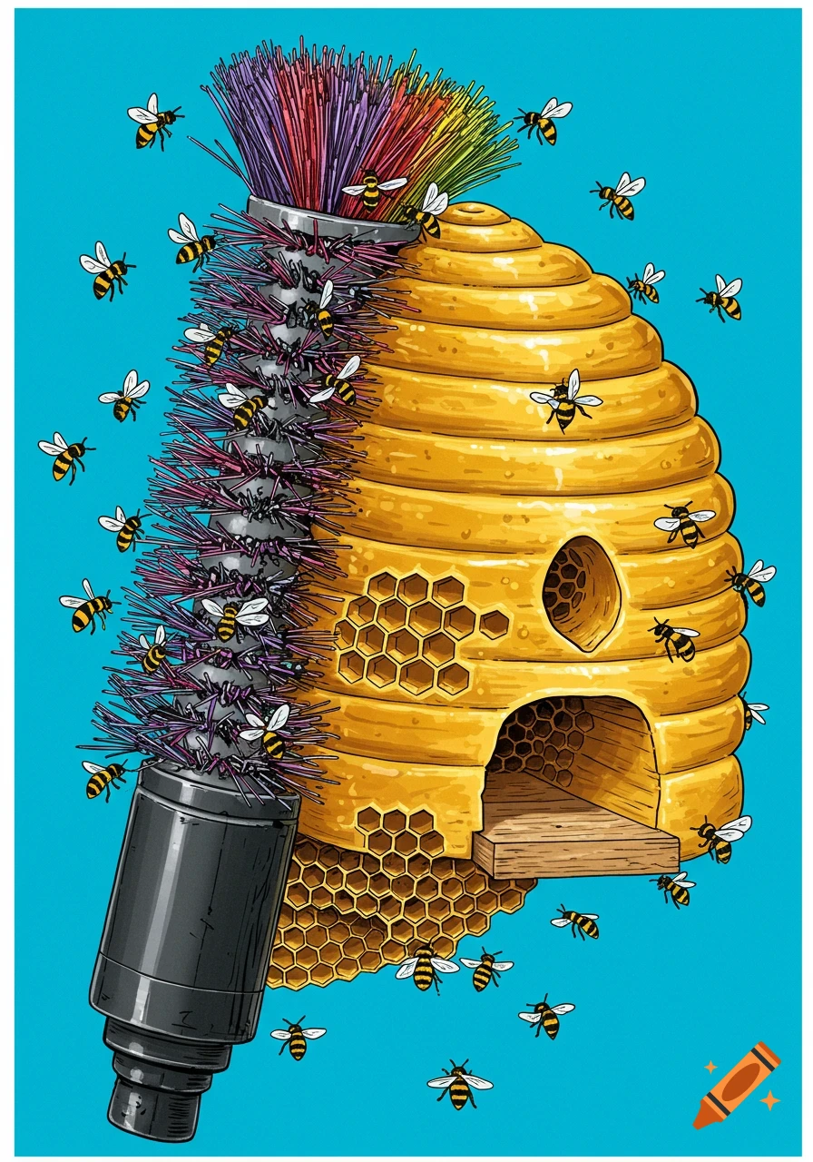 Illustration of a beehive with many bees flying around a giant hairbrush.