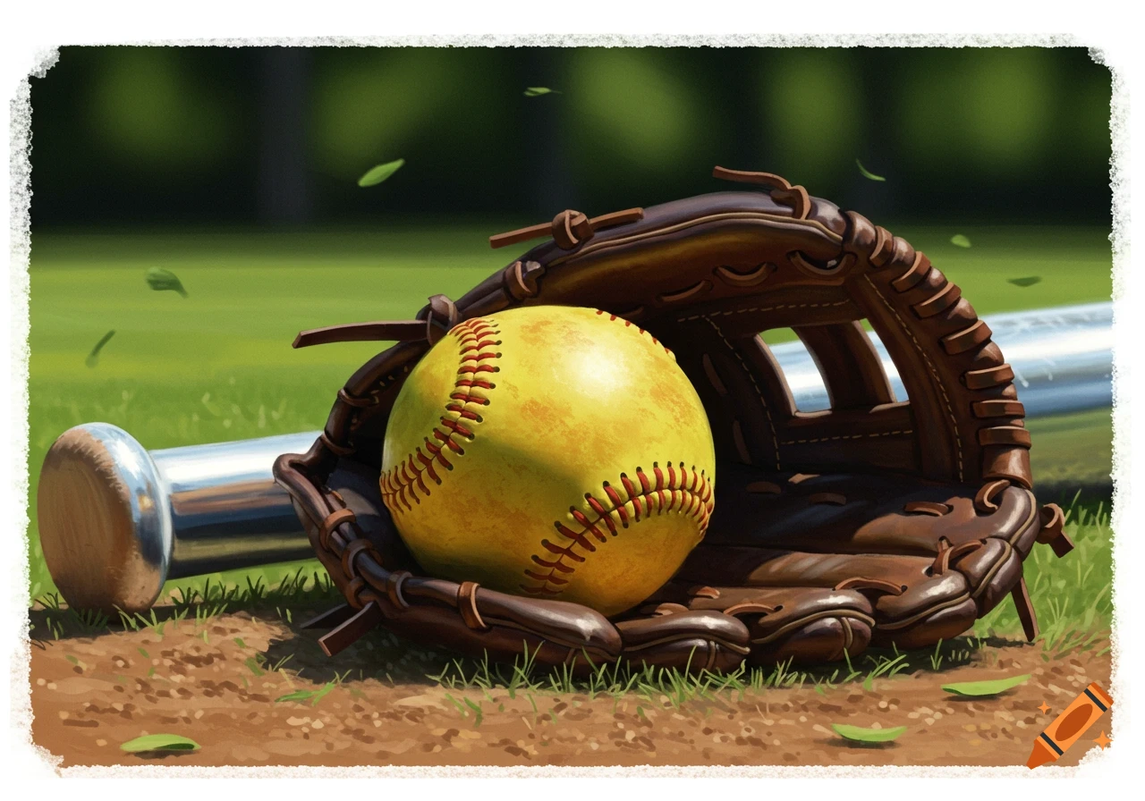 A close-up view of a softball in a brown baseball glove next to a metal bat on a dirt and grass field.