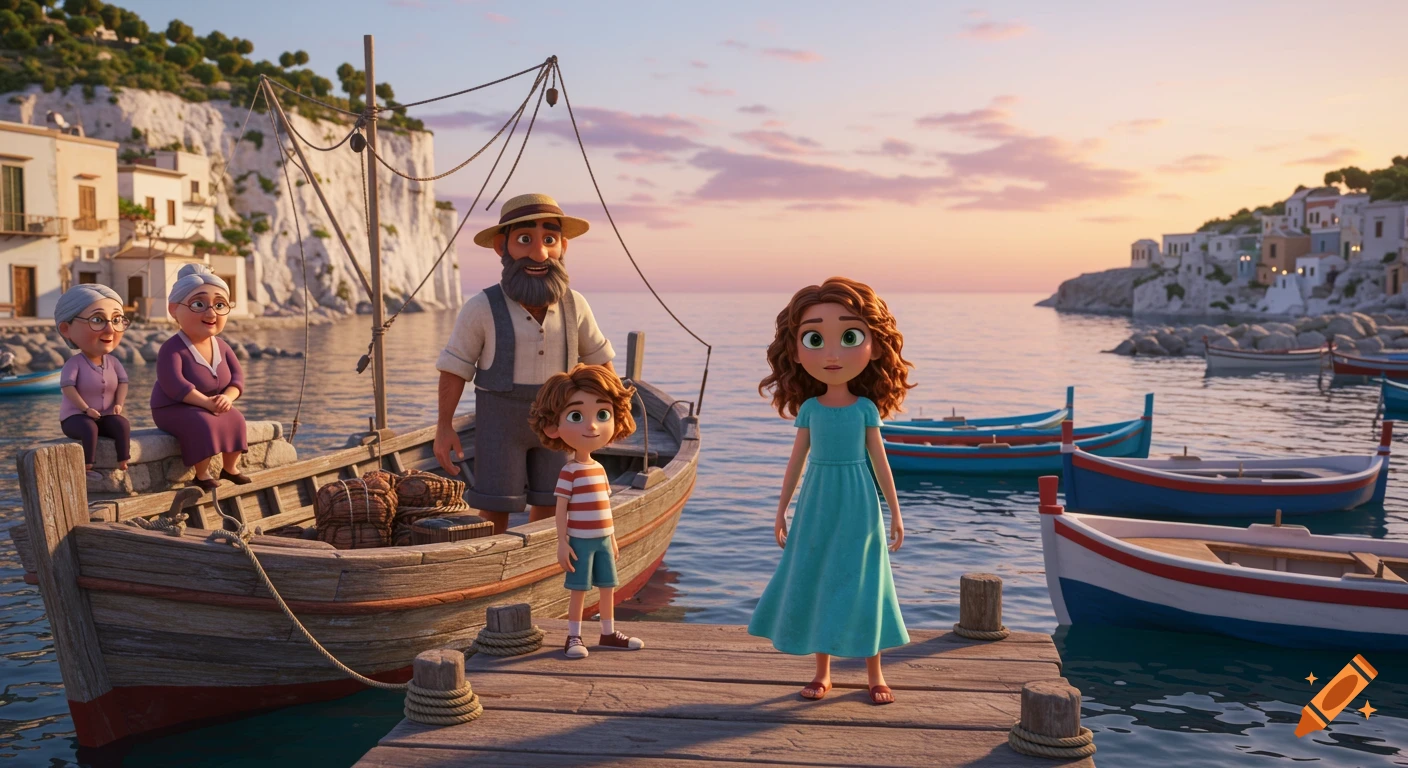 Animated family (grandmothers, father, children) on a pier and boat in a seaside village harbor at sunset.