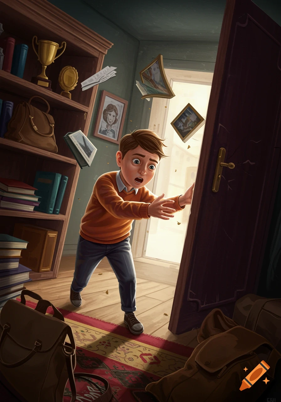 Boy pushes door as books and objects fly in a room, illustration style.