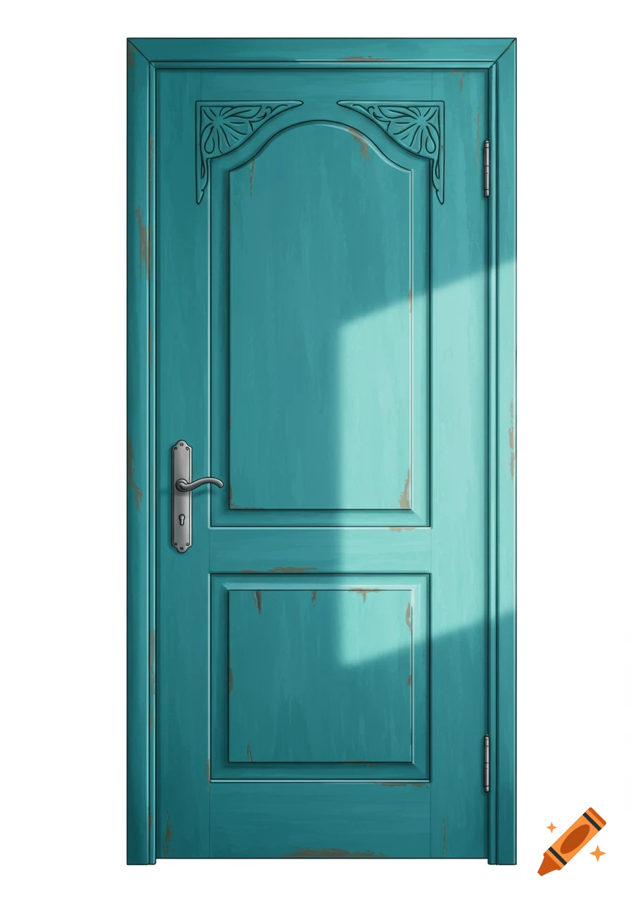 A teal door with decorative carvings, a handle, and a keyhole, with diagonal light and shadow across its surface.