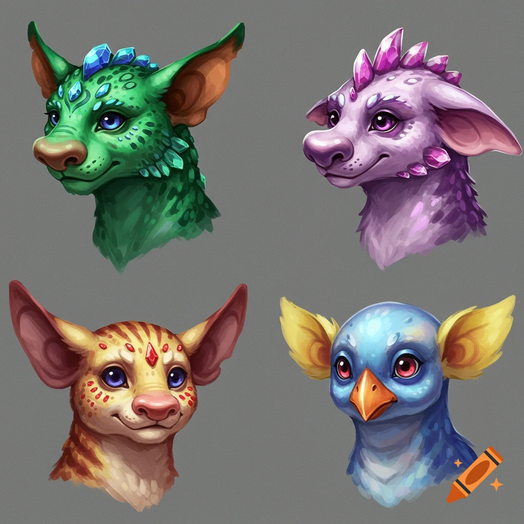 Four stylized heads of fantasy creatures: green and blue, purple and pink, yellow and orange, and blue and yellow.