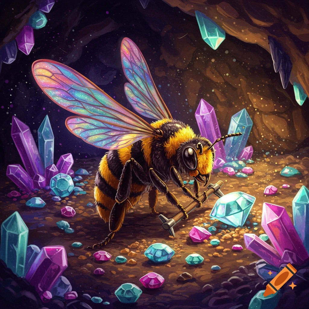 A cartoonish bee mines colorful gems and crystals in a cave.