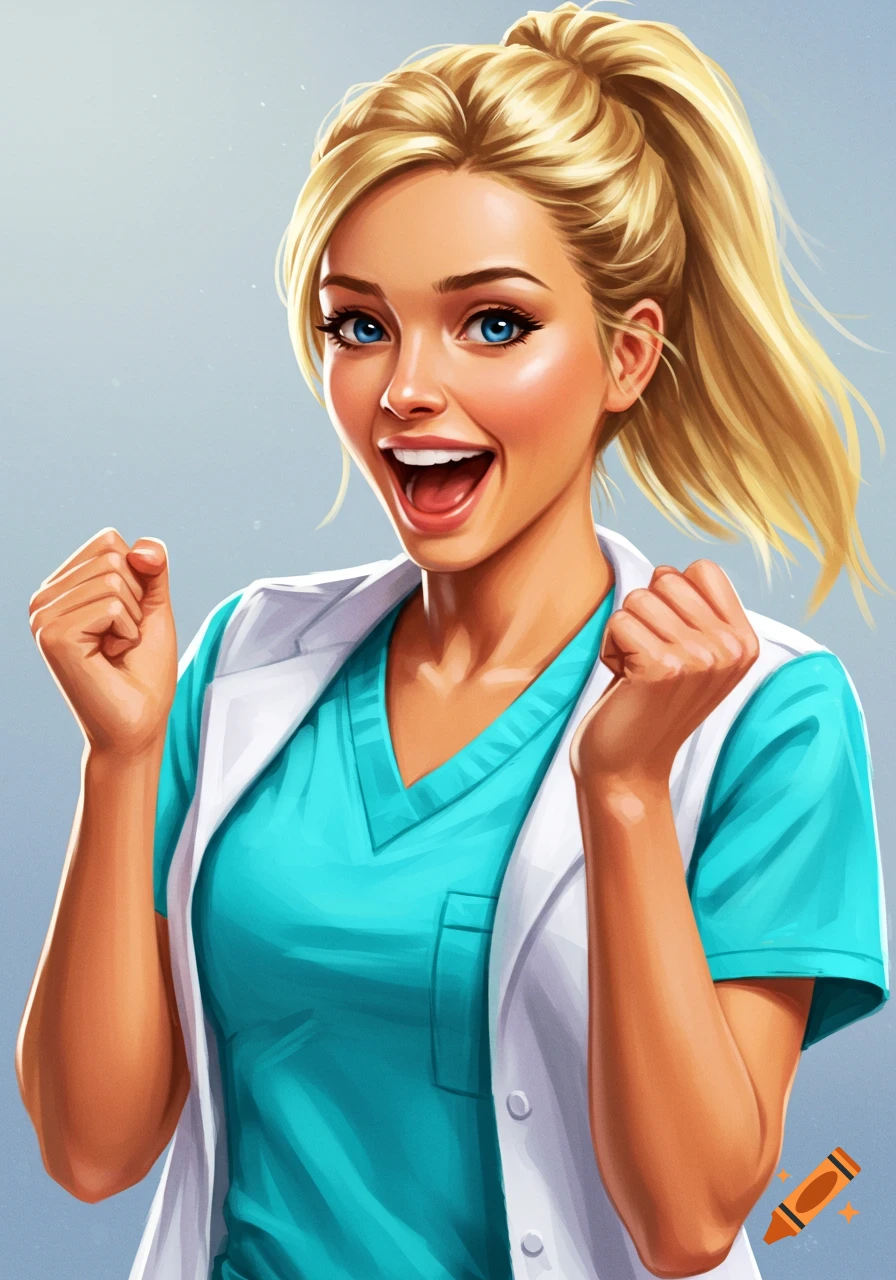Illustration of an excited blonde woman in nurse scrubs and a lab coat with clenched fists.