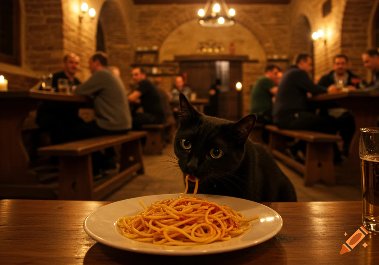 A black cat eats spaghetti from a plate on a wooden table in a dimly lit tavern, with blurred people in the background.