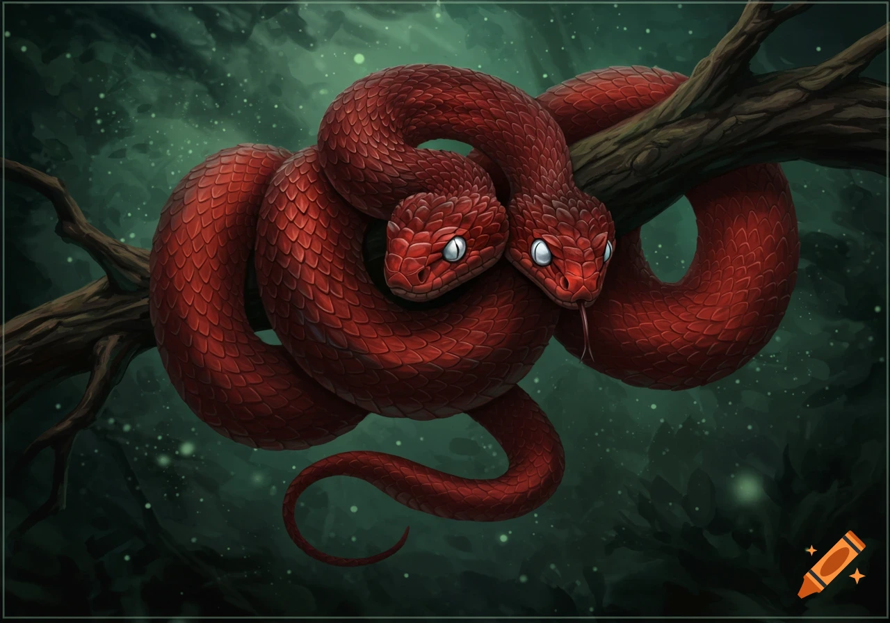A two-headed red snake is wrapped around a tree branch against a dark green background.