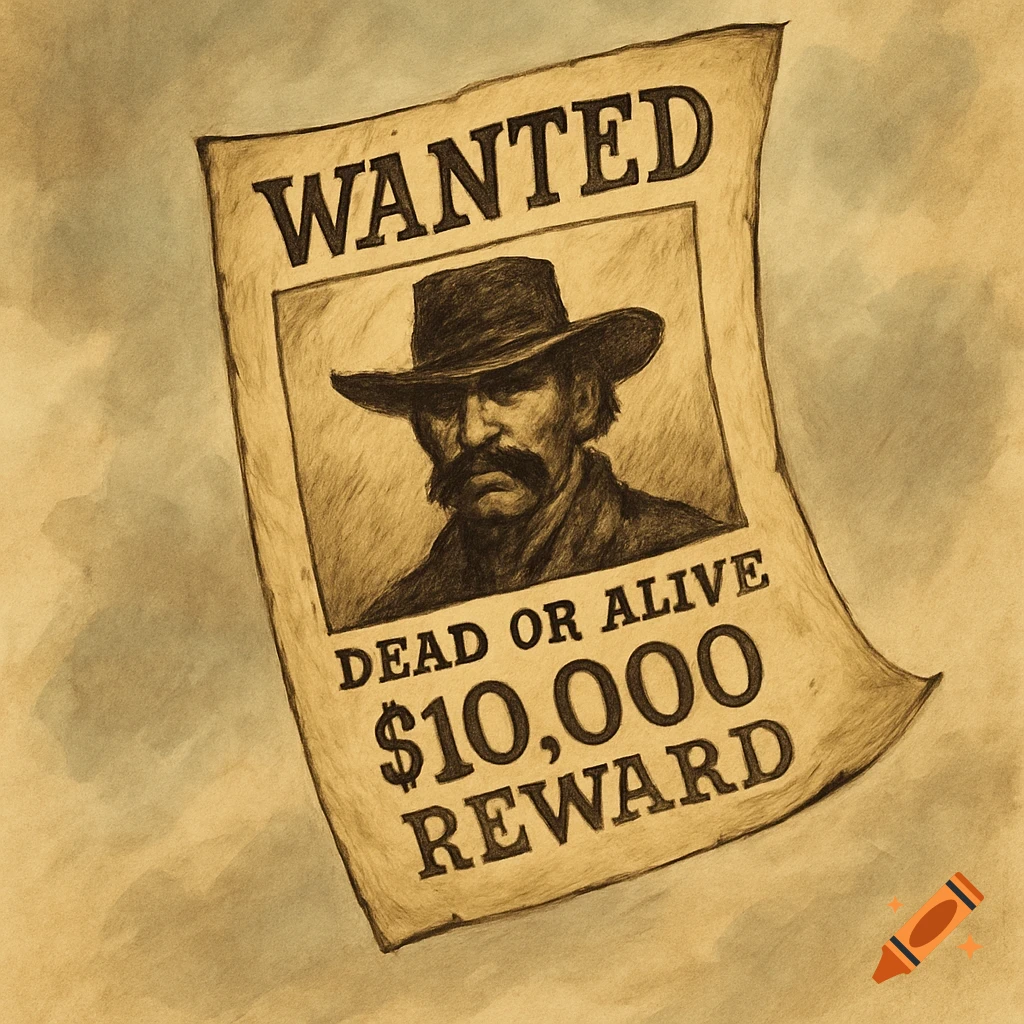 Sketch drawing of a wanted poster featuring a man's face, text "WANTED DEAD OR ALIVE $10,000 REWARD", and a reward amount, appearing to fly.