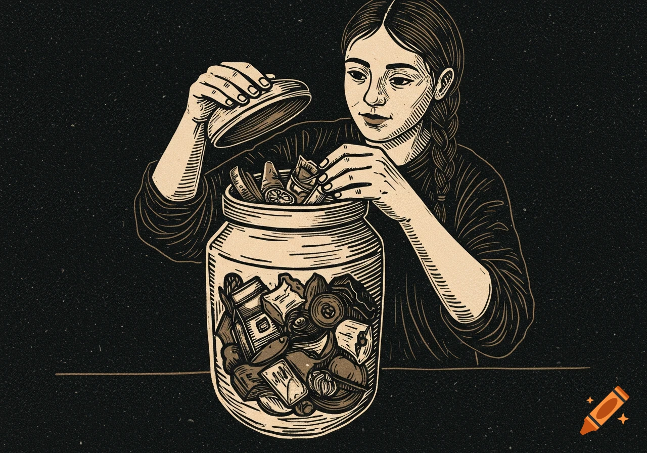 Linocut illustration of a person putting food scraps into a jar.