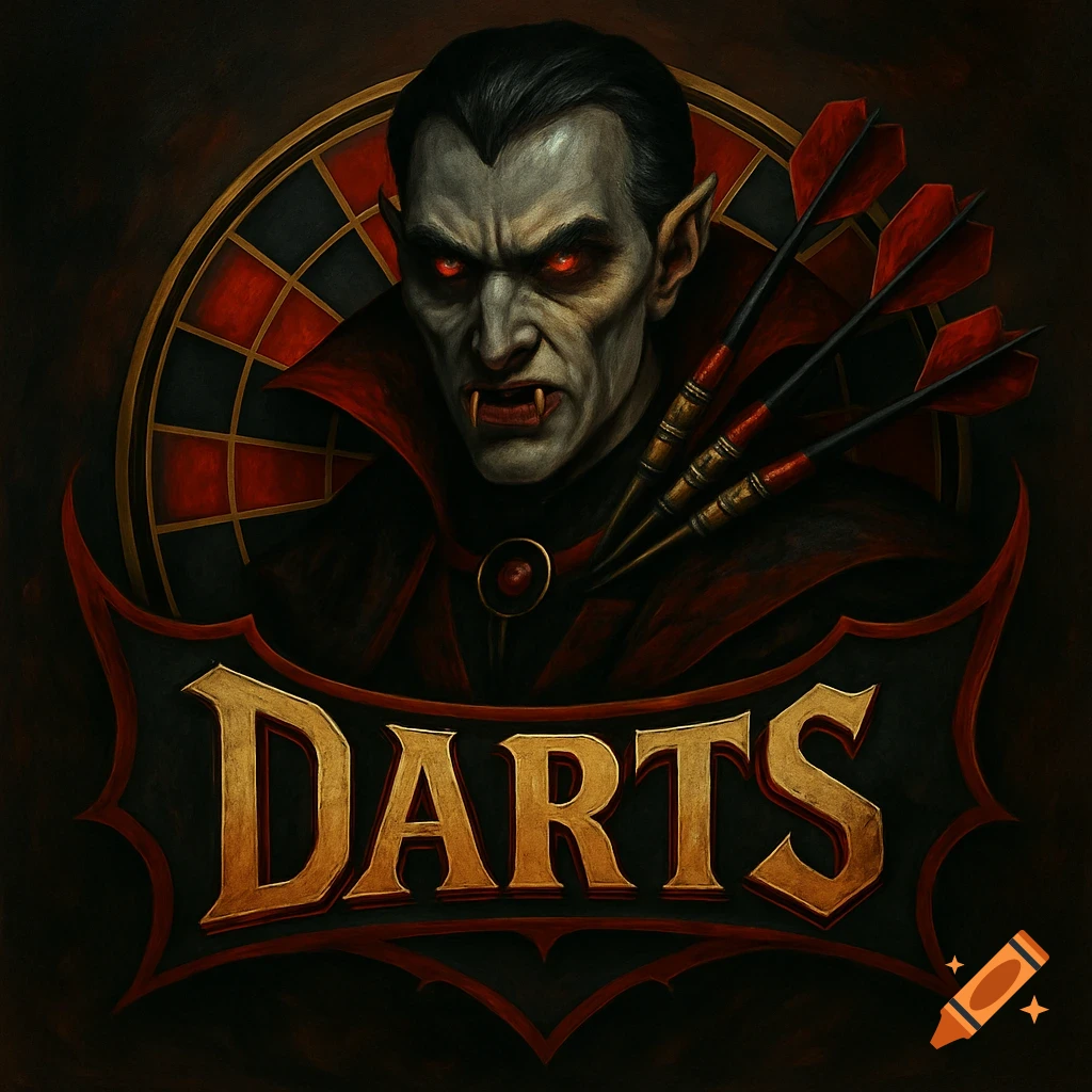 A stylized vampire logo with a portrait of a vampire head, three darts, and the word 'DARTS' below.
