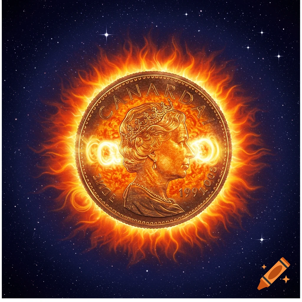 Canadian coin (dime) surrounded by flames against a starry space background