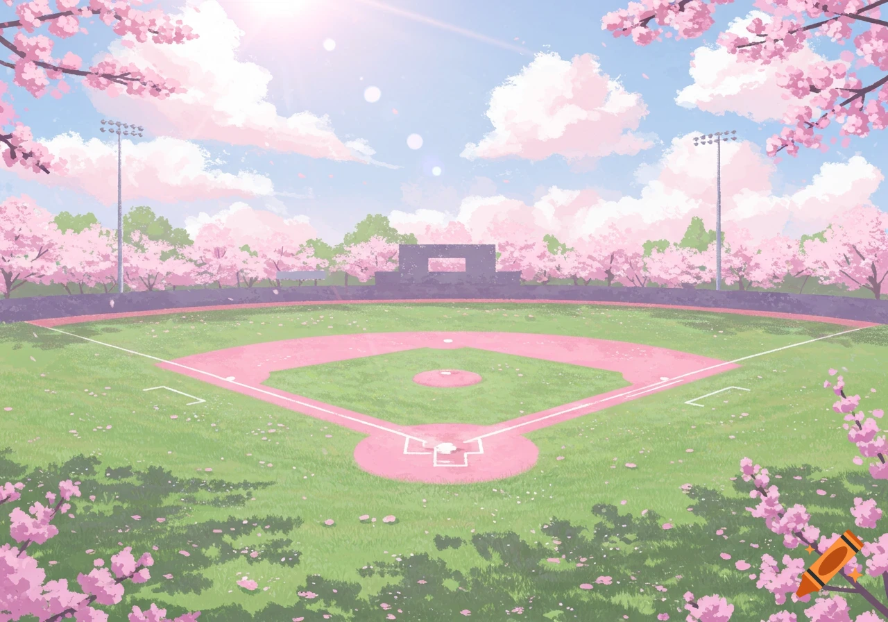 Anime-style baseball field surrounded by pink cherry blossoms on a sunny spring day.