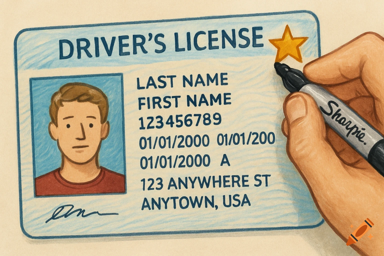 Illustration of a hand drawing a gold star on a driver's license with a Sharpie marker.