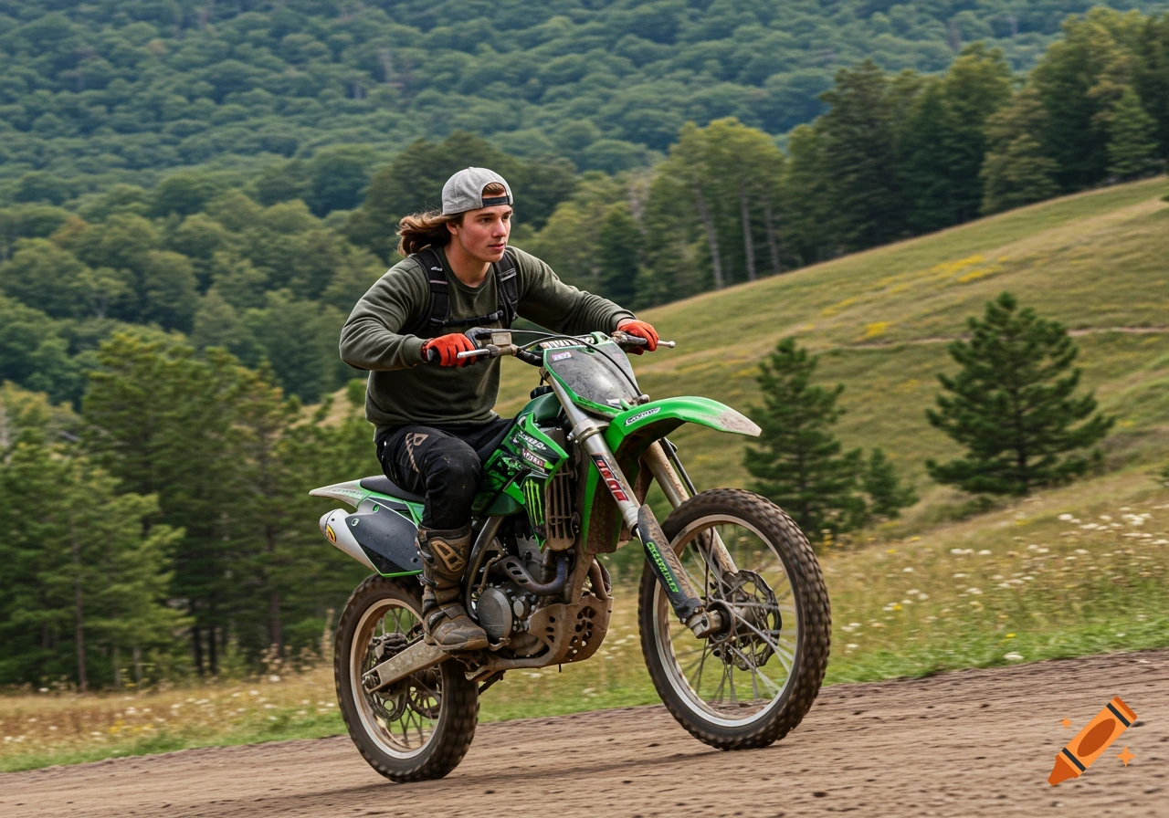 A man riding a green dirtbike on a dirt road in the mountains