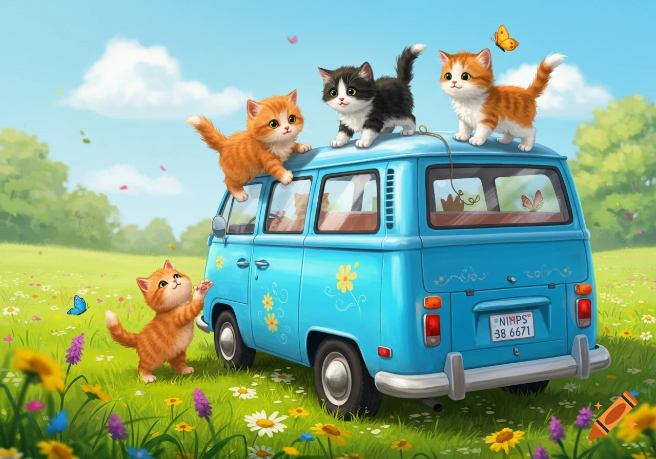 Cute illustration of several kittens playing on and around a blue van in a grassy field.