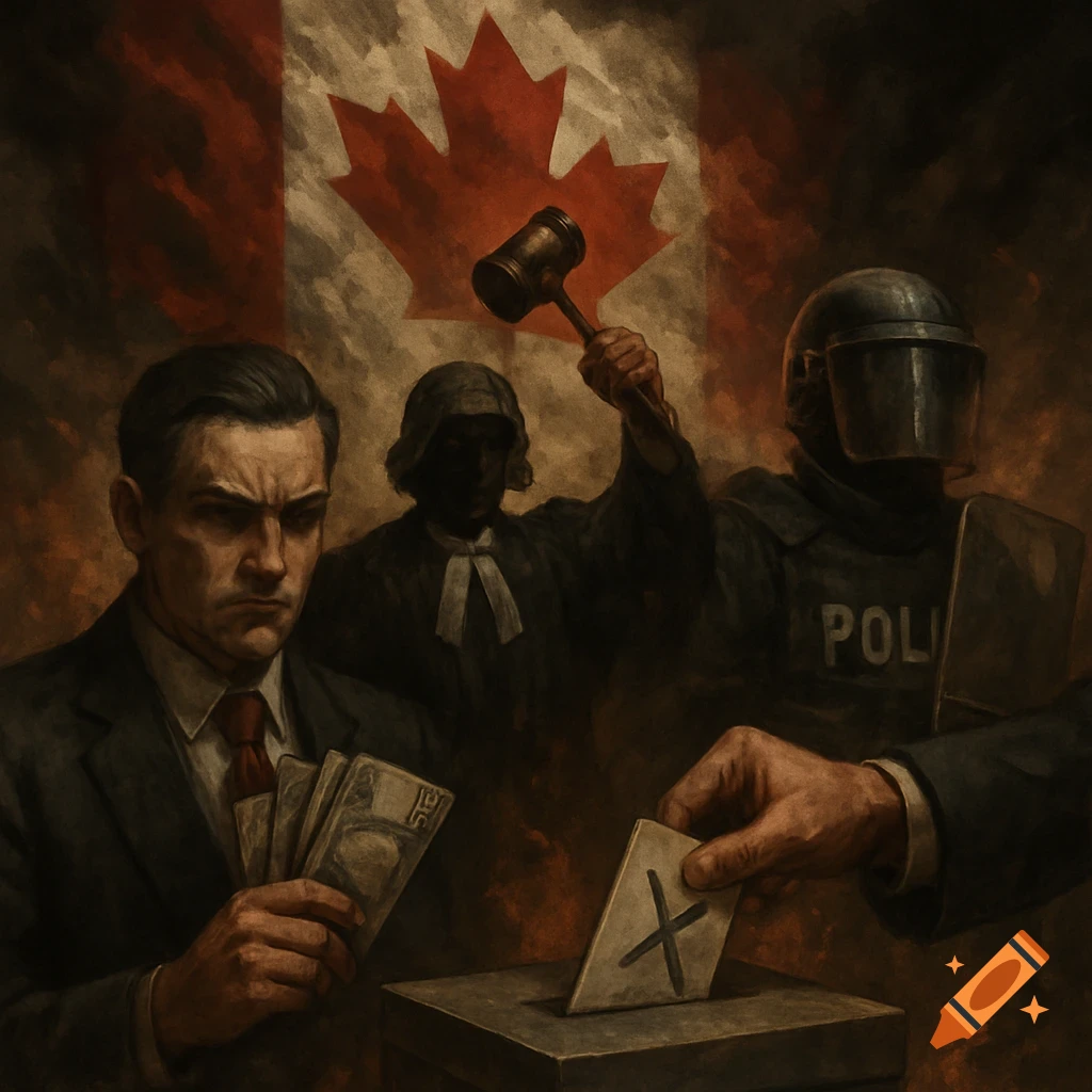 Dark symbolic painting of Canadian politics, showing figures representing wealth, justice, and authority near a ballot box with a Canadian flag backdrop.