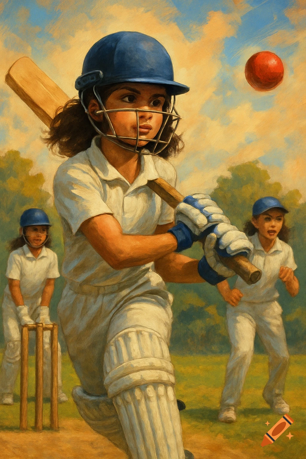 Painting of a girl batting in a cricket match with other players and a ball in the air.
