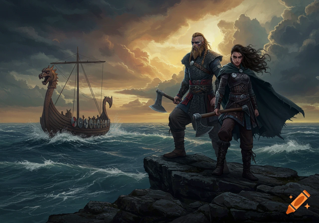 Two vikings stand on rocks overlooking a longship on a stormy sea at sunset, digital painting.