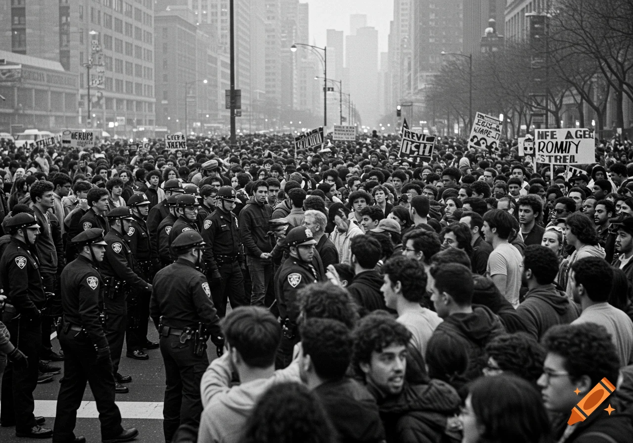 Black and white photo of a dense crowd and police in a tense street standoff.