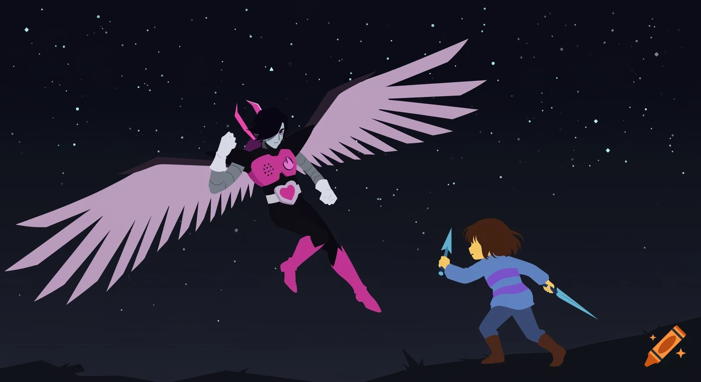 Mettaton NEO fights Frisk in a minimalistic vector style against a starry night sky.