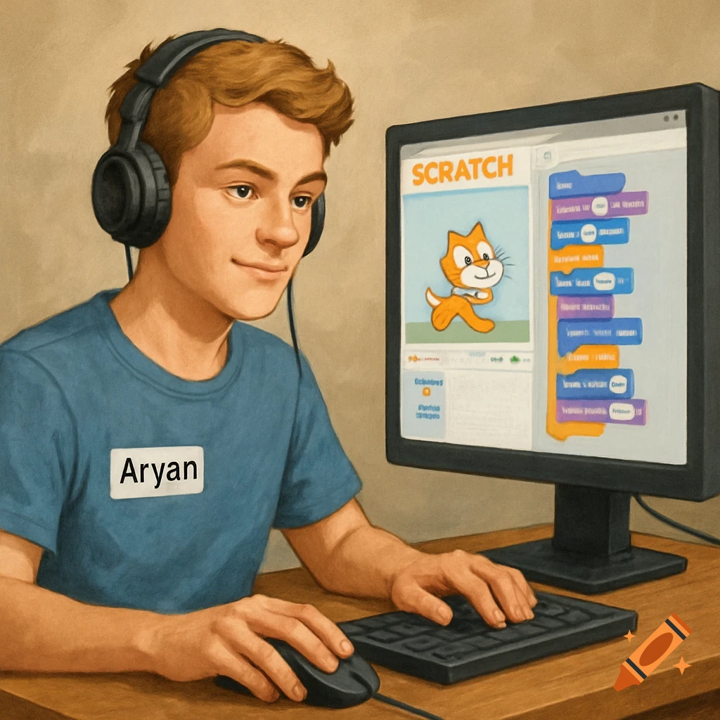 A young person with headphones codes on a computer screen showing the Scratch programming environment.