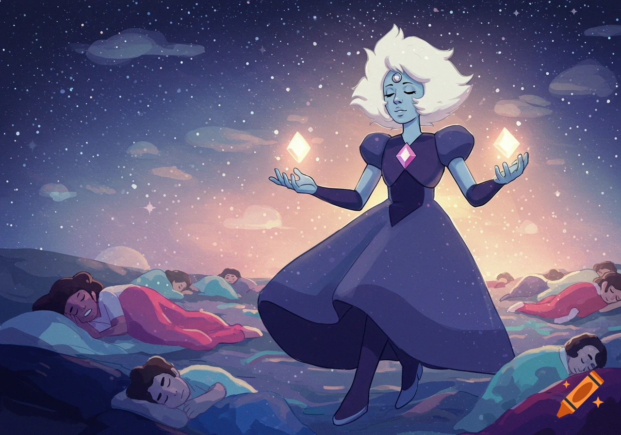 Blue Diamond floats above sleeping figures under a starry sky, animation style.