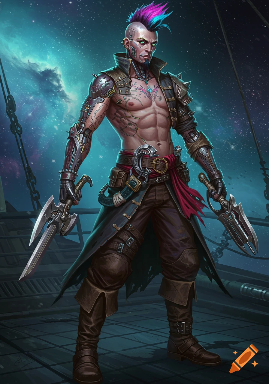 Muscular futuristic pirate with cybernetic arm and mohawk stands on a ship deck under a starry sky, holding bladed weapons, digital art.