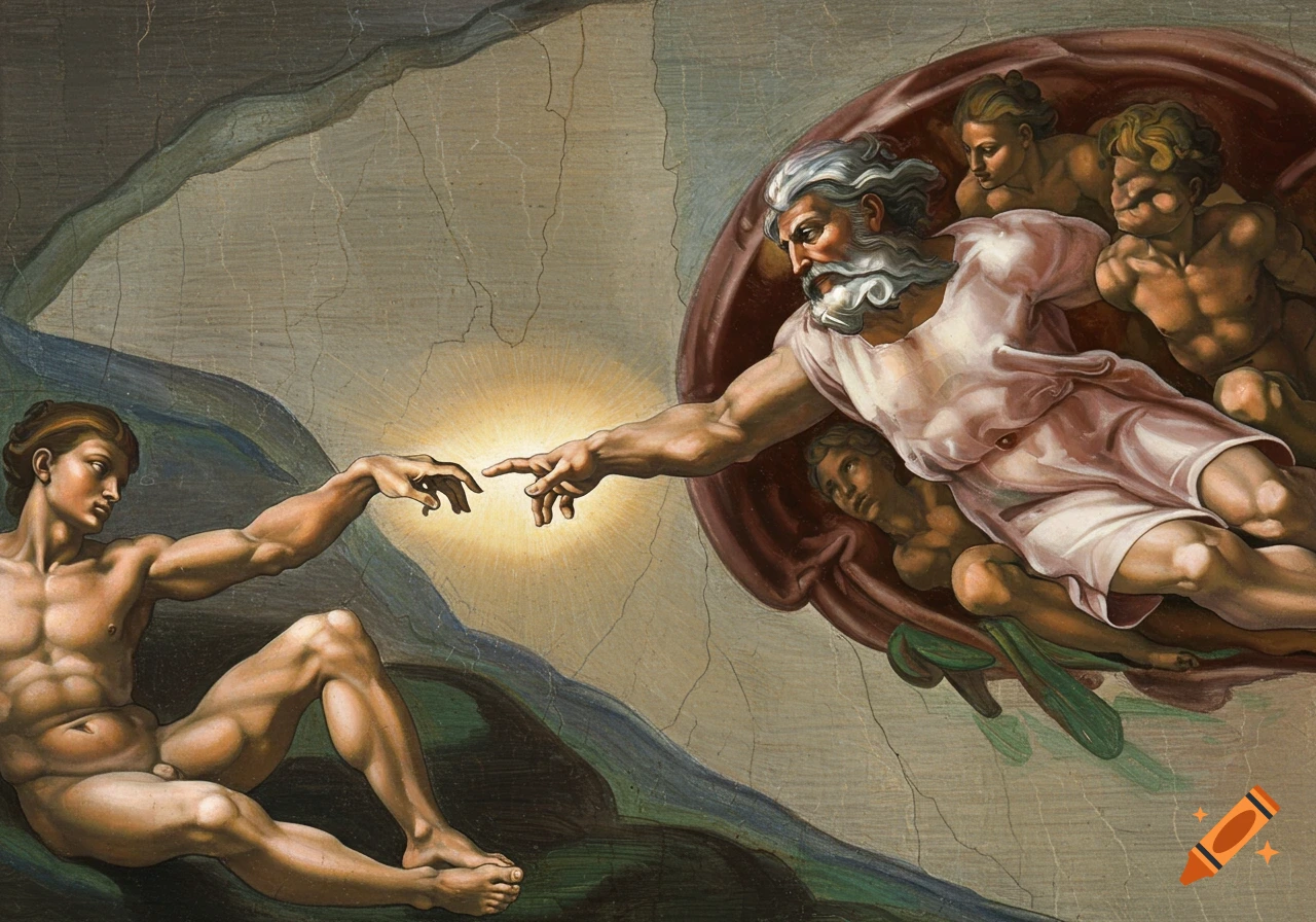Michelangelo's Creation of Adam painting, God and Adam reaching hands