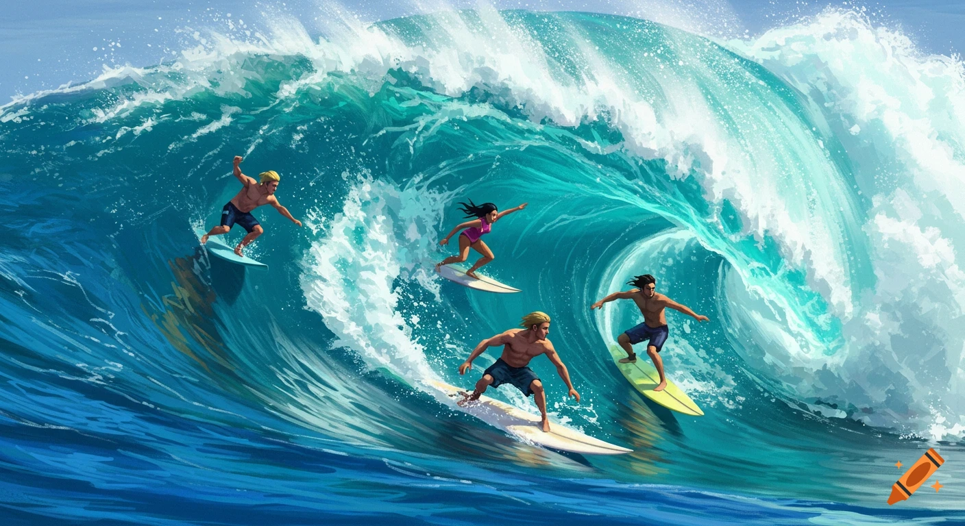 Surfers ride a large blue wave in a painterly illustration.