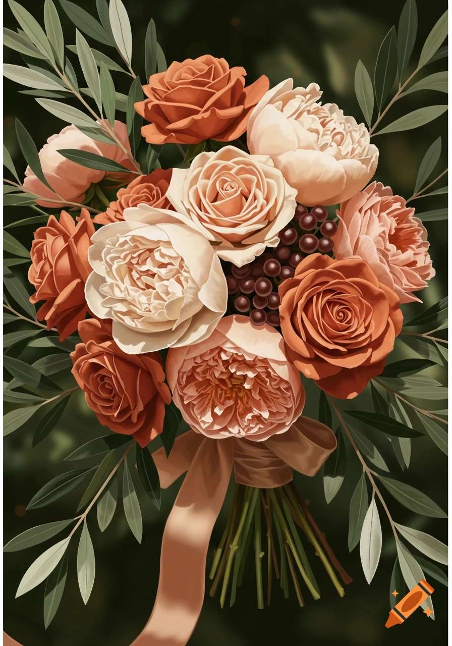 Illustration of a bouquet with terracotta roses, cream peonies, olive leaves, berries, and a ribbon.