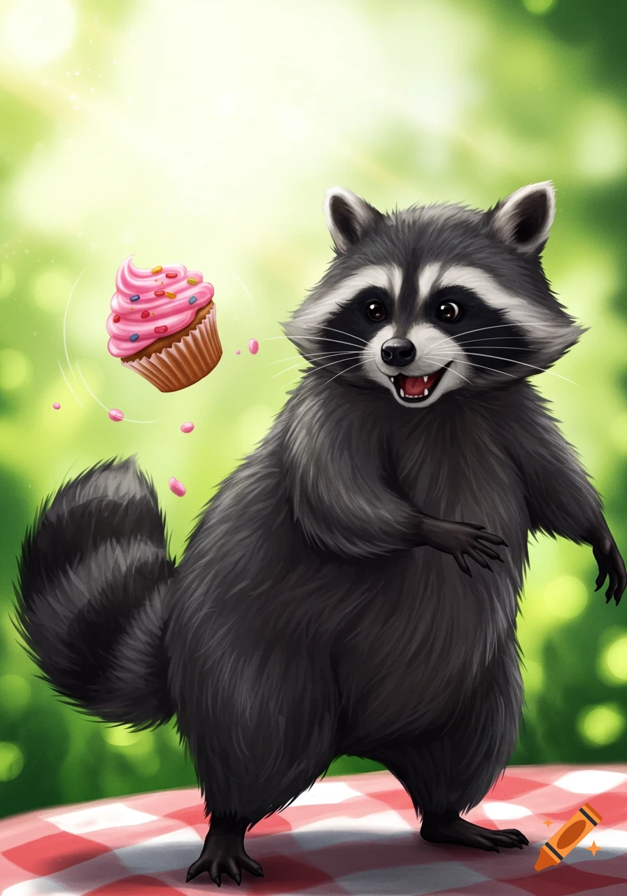 A cartoon raccoon stands on a red and white checkered picnic blanket, looking excitedly at a pink-frosted cupcake floating in the air.