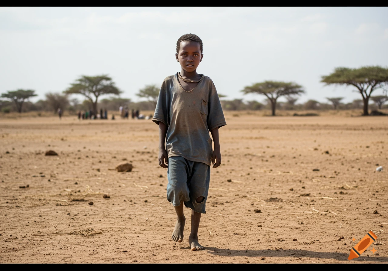 A young boy walks barefoot across a dry, dusty landscape with acacia trees and distant figures.