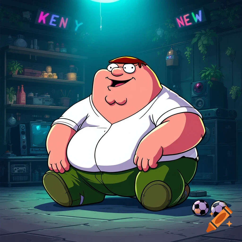 Cartoon Peter Griffin sits in a dimly lit club with neon signs