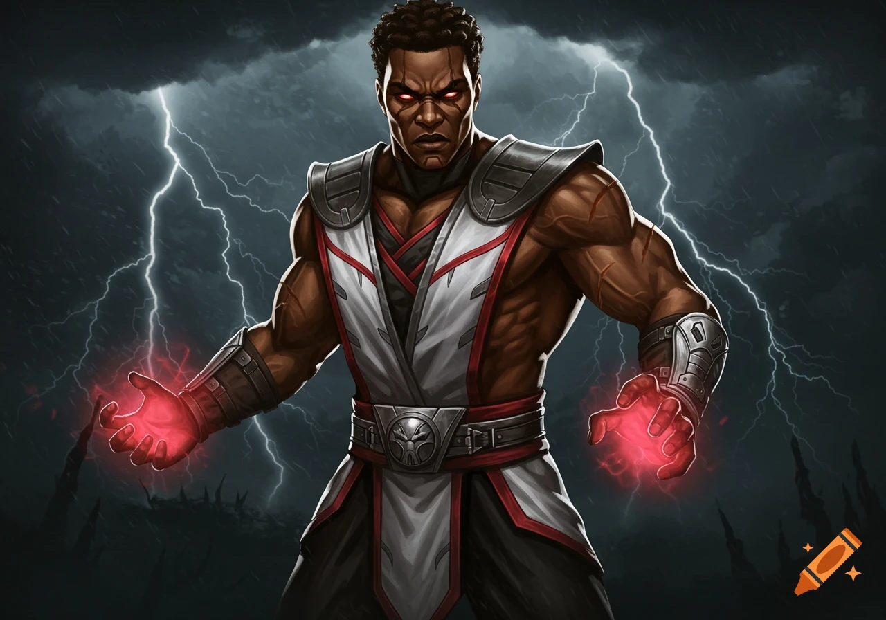 A man with glowing red eyes and hands wears a white and red martial arts uniform in a lightning storm.