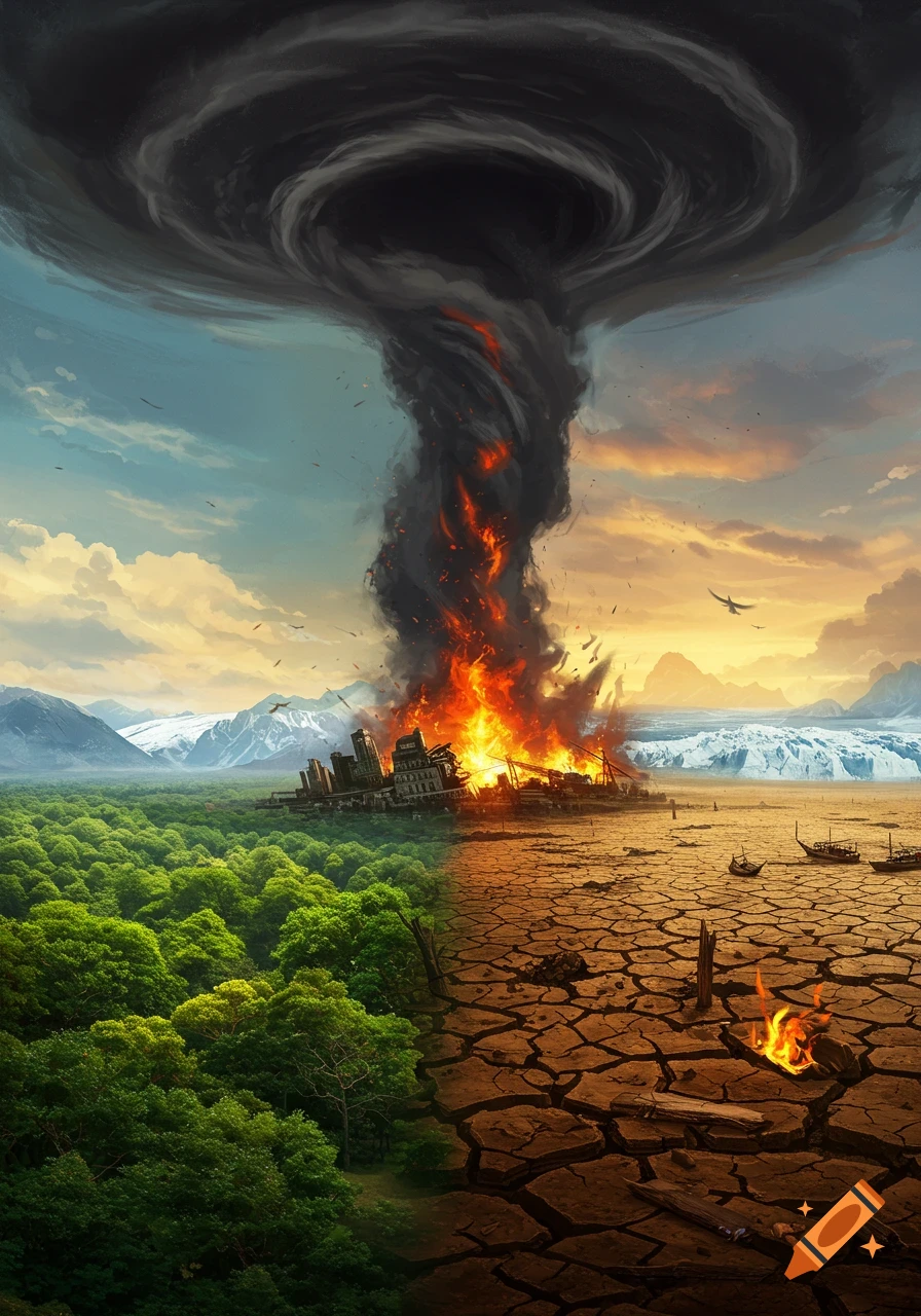 Split landscape with green forest on left, cracked dry land on right. A fiery tornado engulfs a city where they meet, under a dramatic sky.
