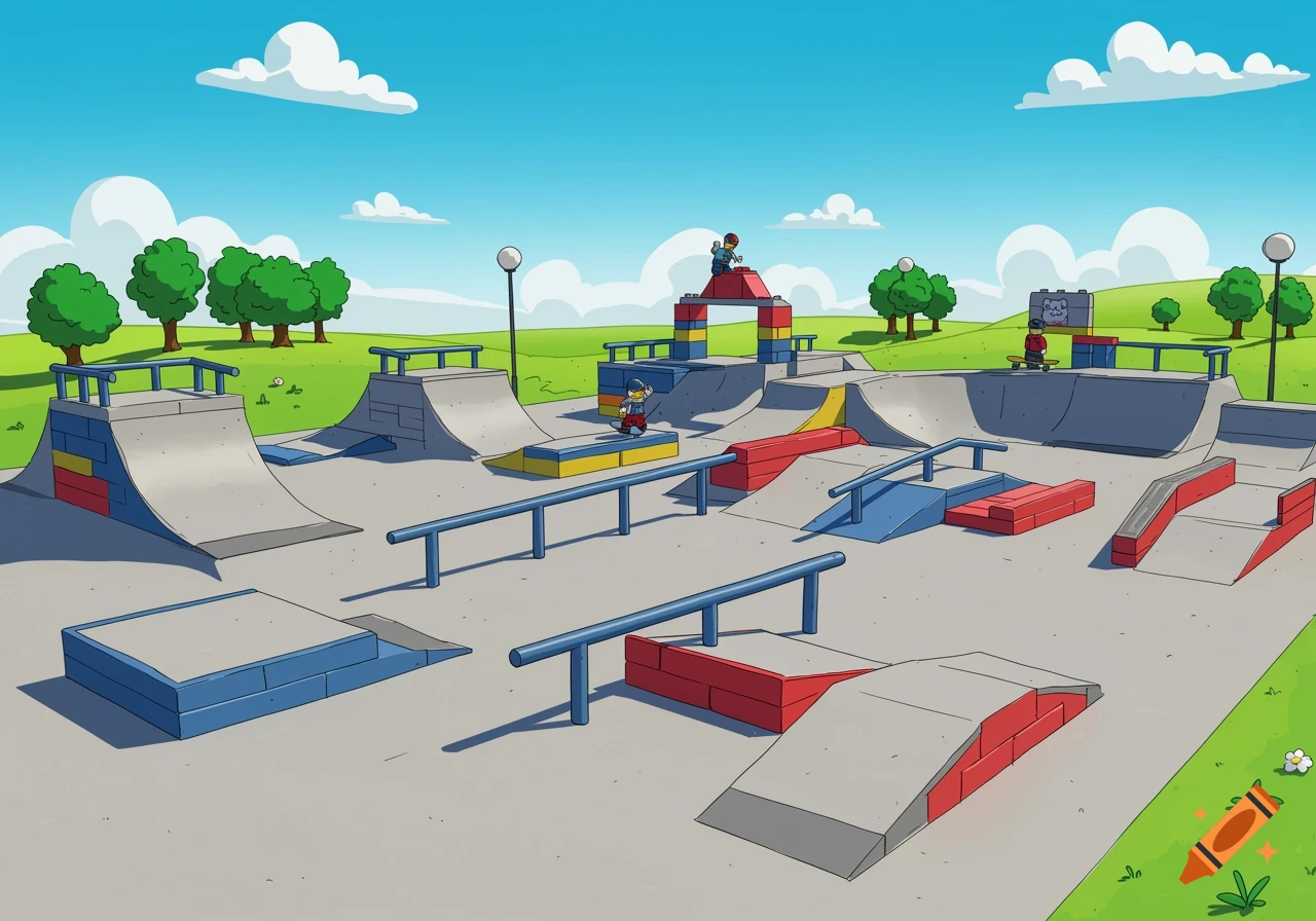 A cartoon skateboard park with ramps, rails, and figures in a Lego-inspired style.