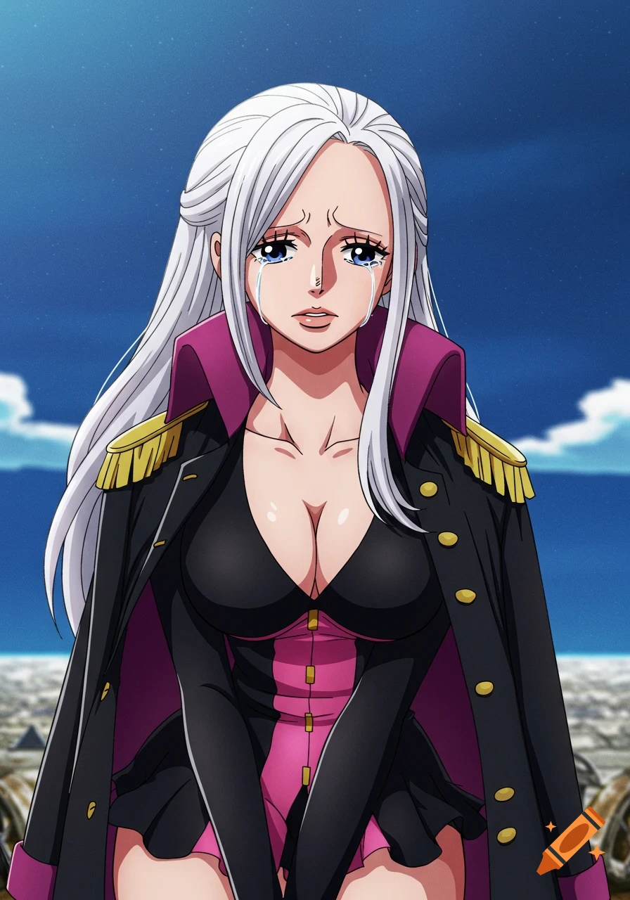 Crying anime female character with white hair in a black and pink outfit, One Piece style.